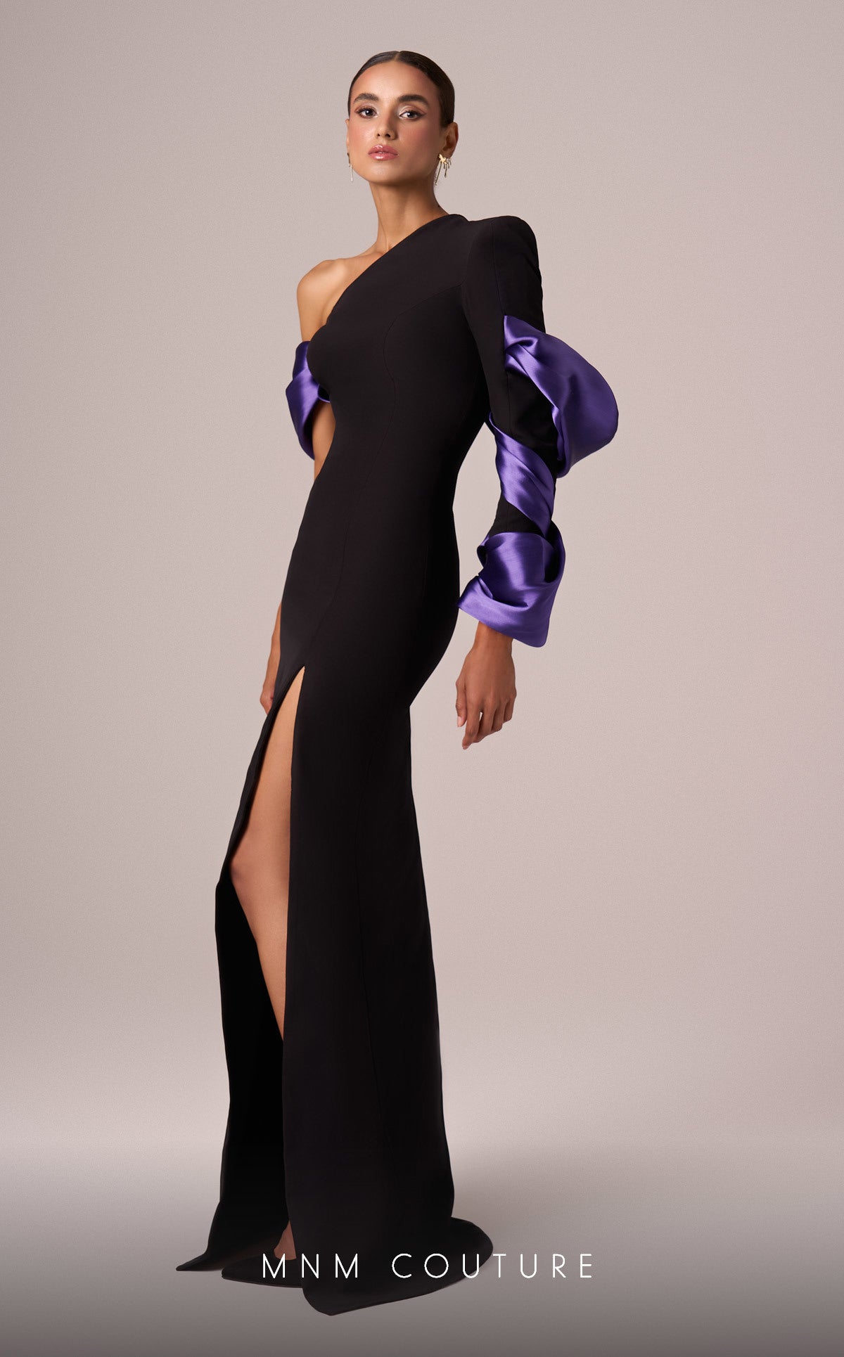 MNM Couture E0067 Asymmetrical Gown in Black/Purple