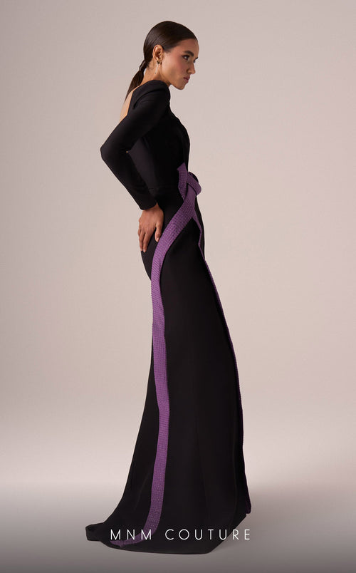 MNM Couture E0067 Asymmetrical Gown in Black/Purple