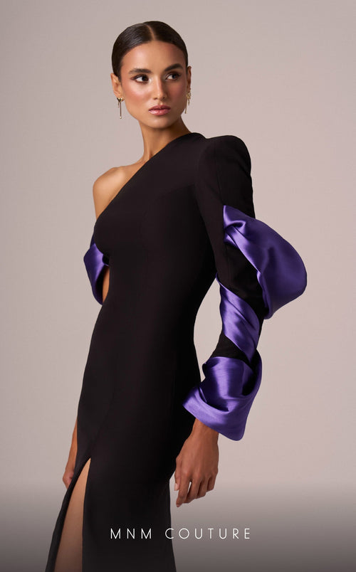 MNM Couture E0067 Asymmetrical Gown in Black/Purple
