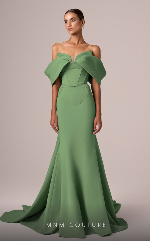 MNM Couture E0085 Green Off-Shoulder Mermaid Evening Gown