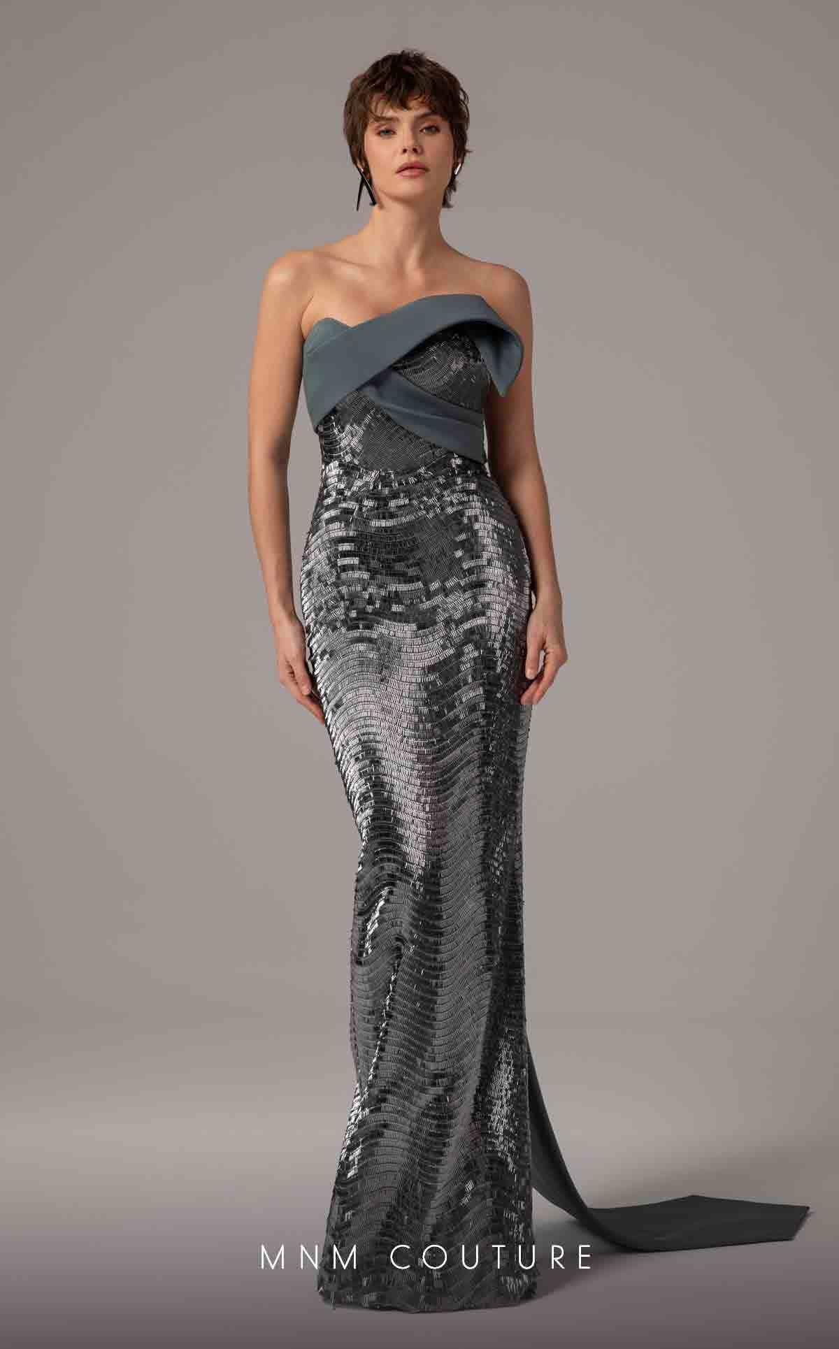MNM Couture E0087 Silver Off-Shoulder Gown