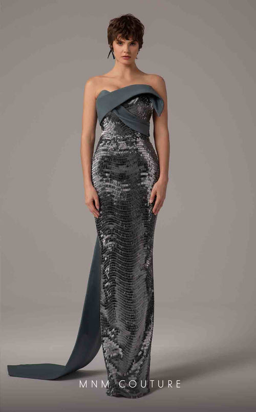 MNM Couture E0087 Silver Off-Shoulder Gown