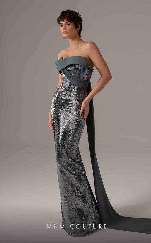 MNM Couture E0087 Silver Off-Shoulder Gown