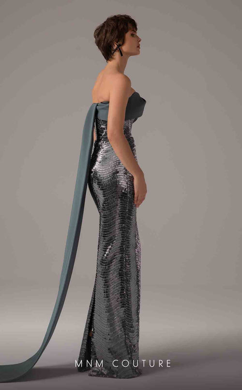 MNM Couture E0087 Silver Off-Shoulder Gown