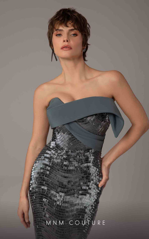 MNM Couture E0087 Silver Off-Shoulder Gown