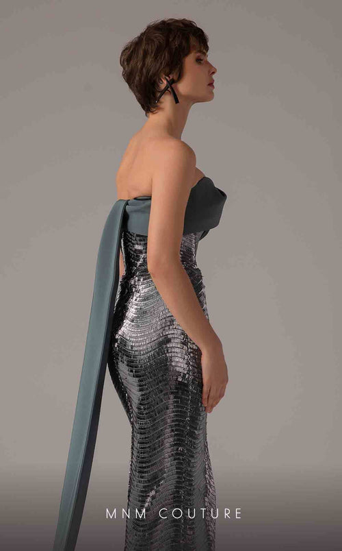 MNM Couture E0087 Silver Off-Shoulder Gown