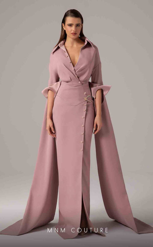 MNM Couture E0094 Cherry A-Line Gown with Cape & Slit