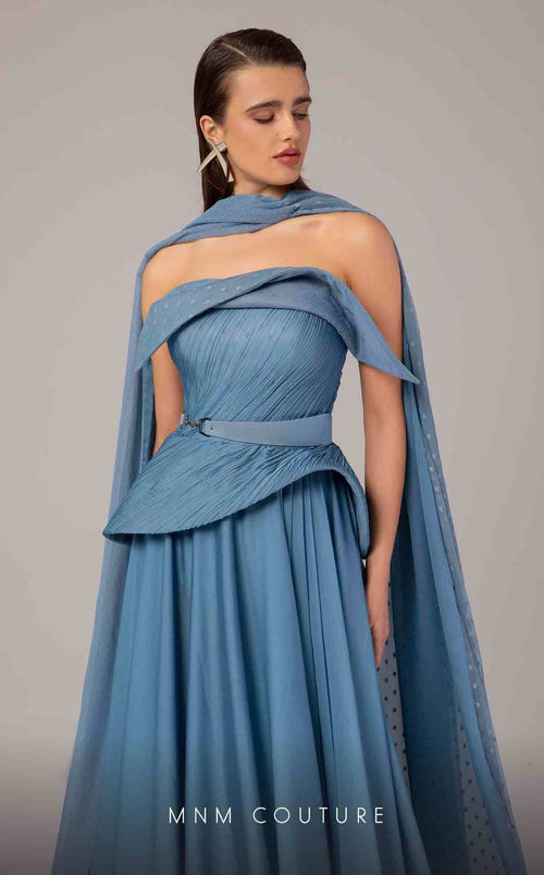 MNM Couture E0096 Blue Off-Shoulder Evening Gown