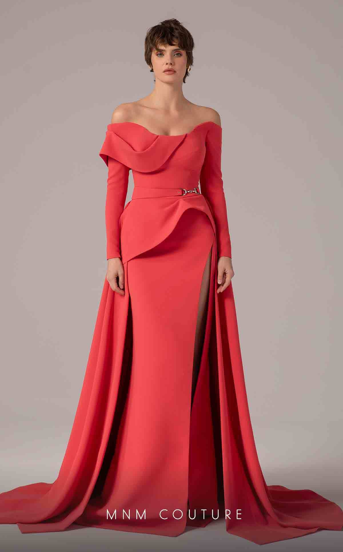 MNM Couture E0099 Coral Off-Shoulder Long Sleeve Gown