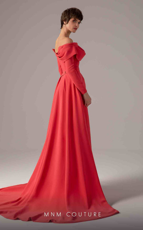 MNM Couture E0099 Coral Off-Shoulder Long Sleeve Gown