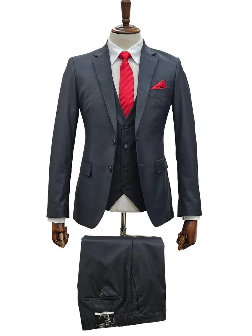 Mens Giovanni Testi Charcoal 3 Piece Suit β 2 Button Closure, Classic Notch Lapel, Flex Waist Pants