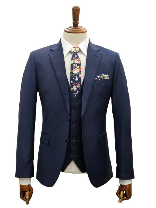 Mens Giovanni Testi Navy 3 Piece Suit β Modern Fit 2 Button Notch Lapel, Side Vents, Flex Waist Trousers