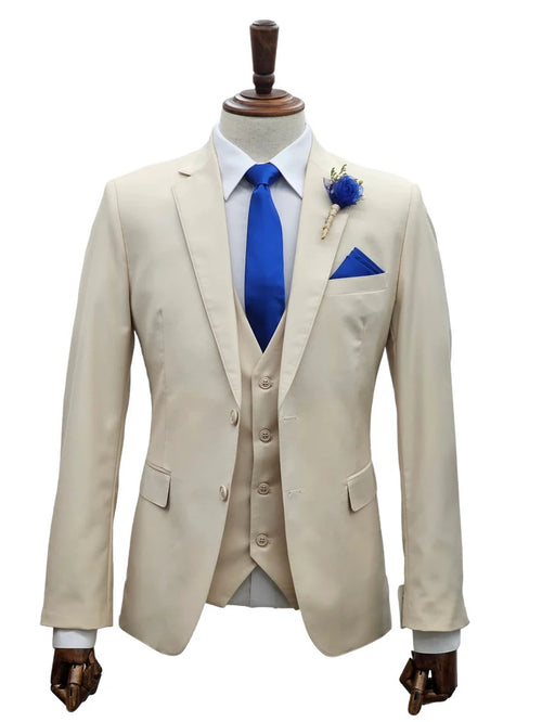 Mens Giovanni Testi Sand 3 Piece Suit β Formal 2 Button Blazer, Vest & Comfort Flex Waist Trousers