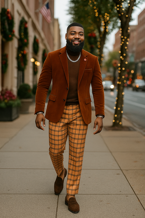 EJ Samuel - Modern Fit Velvet Blazer - Rust Light Brown Copper Color - 2-Button - Mens