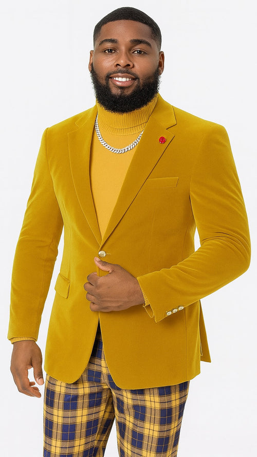 EJ Samuel Mustard Velvet Blazer: Modern Fit, 2-Button Look