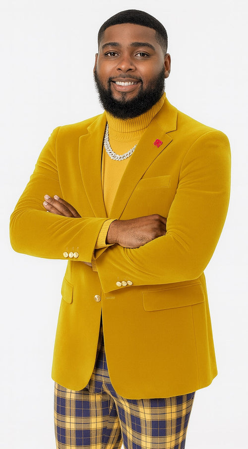 EJ Samuel Mustard Velvet Blazer: Modern Fit, 2-Button Look