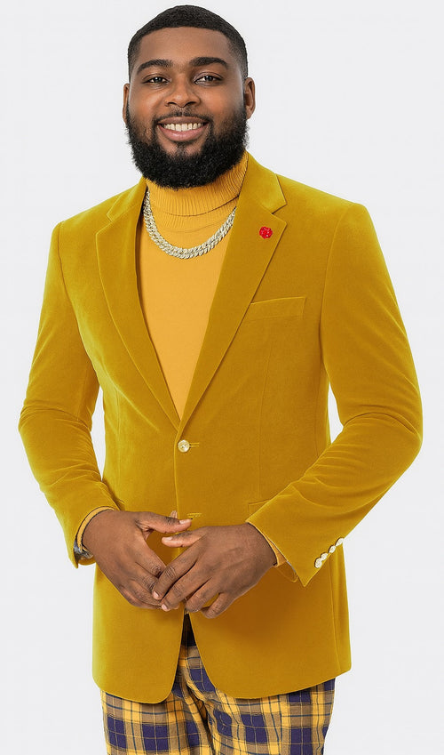 EJ Samuel Mustard Velvet Blazer: Modern Fit, 2-Button Look