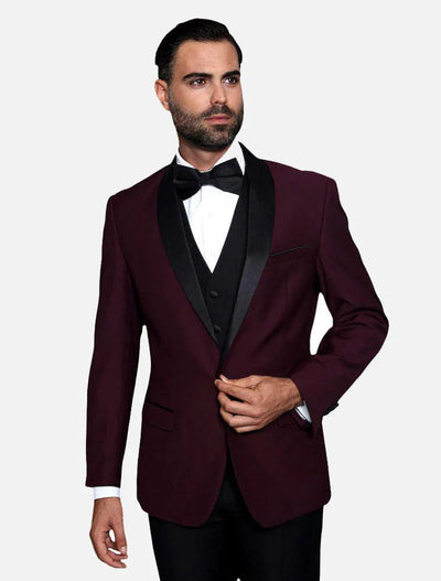 Statement Men's Burgundy With Black Lapel Vested 100% Wool Tuxedo - Men's Tuxedo USA