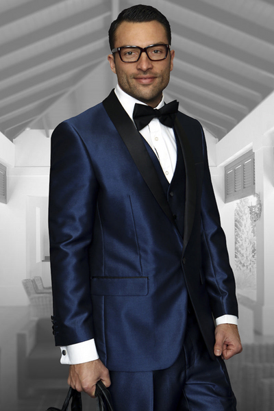 Men's Indigo Shiny Sharkskin Vested Tuxedo