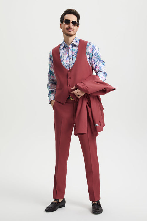 Men's Vested One Button Peak Lapel Stacy Adams Designer Suit in Coral Blush Pink