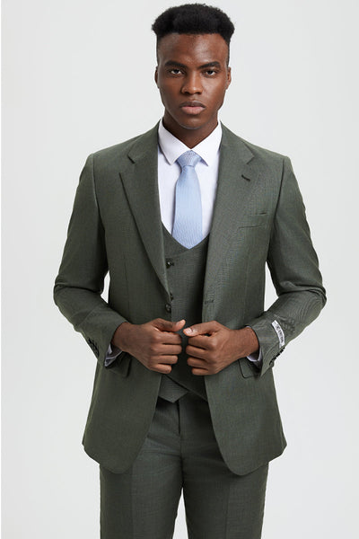 Men's Two Button Vested Stacy Adams Designer Sharkskin Suit in Olive Green