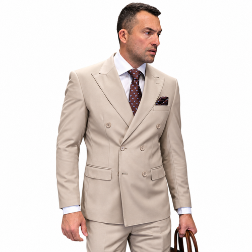 Men’s Double-Breasted Regular Fit 3 Piece Suit with Pleated Pants - Tan