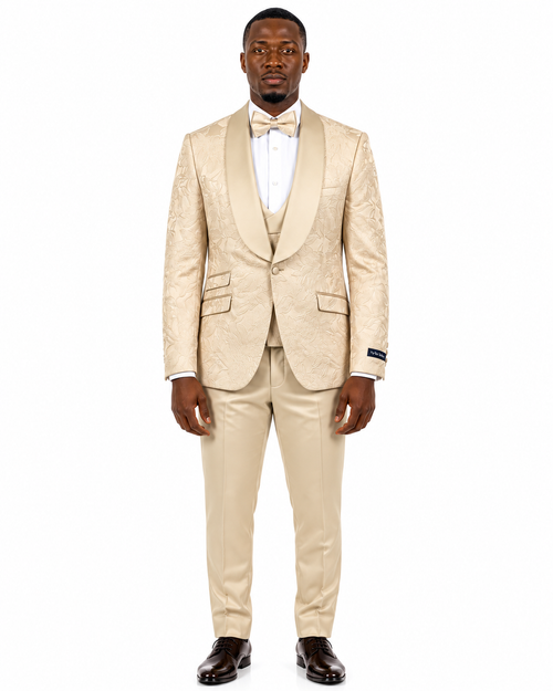 Men's Skinny Fit Jacquard 3 Piece Tuxedo with Double Breasted Vest - Champagne