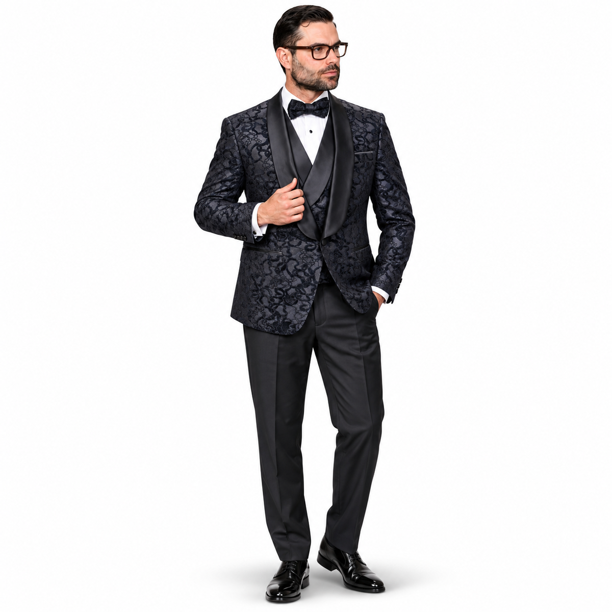3-Piece Black Lace Tuxedo with Satin Shawl Lapel & Satin Trim