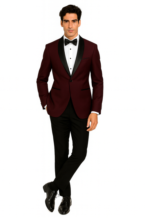 Prom Tuxedo - Wedding Suit - Groom Suit MEN'S BURGUNDY WITH BLACK LAPEL VESTED 100% WOOL TUXEDO