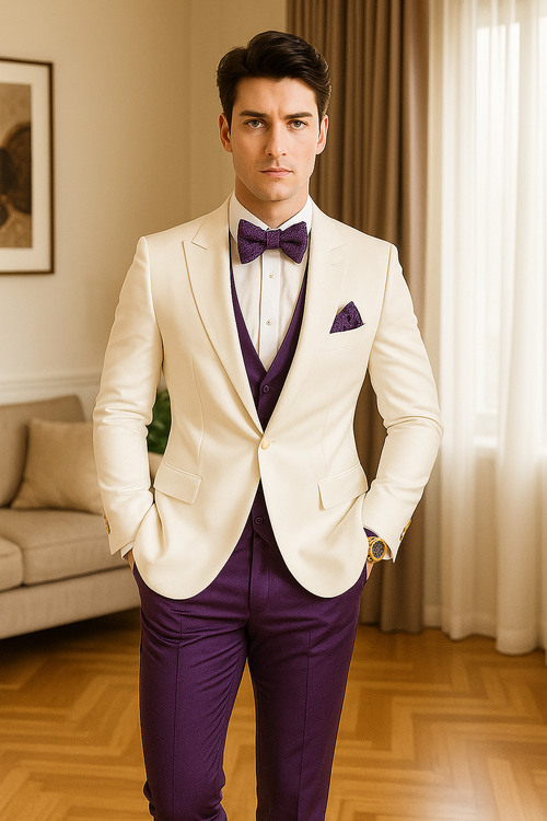White and Purple Tuxedo Wedding Suit - White Dinner Jacket + Vest + Pants + Bow-tie