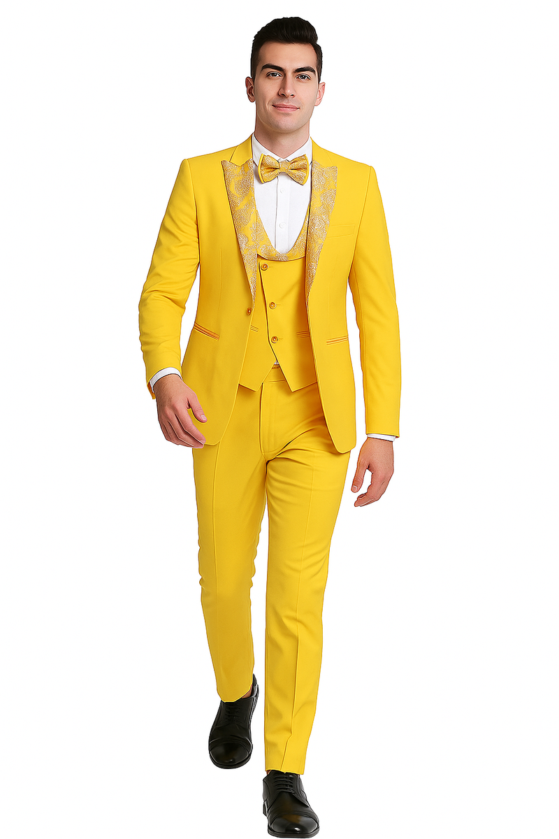 Radiant Golden Bloom Mens 3-Piece Suit with Floral Peak Lapel
