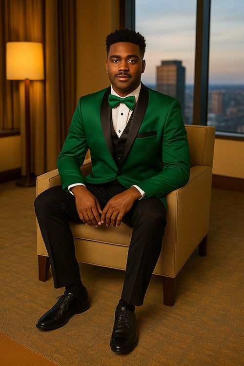 Mens Emerald Green Satin Tuxedo with Black Peak Lapel and Bow Tie – Formal Slim Fit Suit