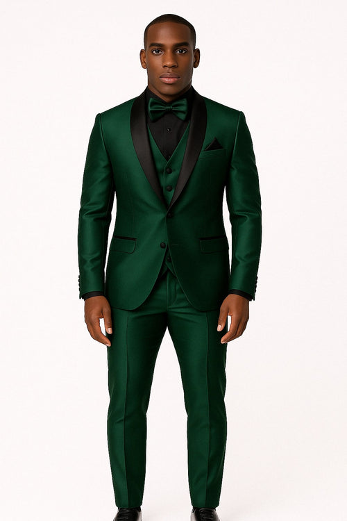 Mens Emerald Green Tuxedo with Black Satin Shawl Lapel – 3 Piece Formal Suit with Vest
