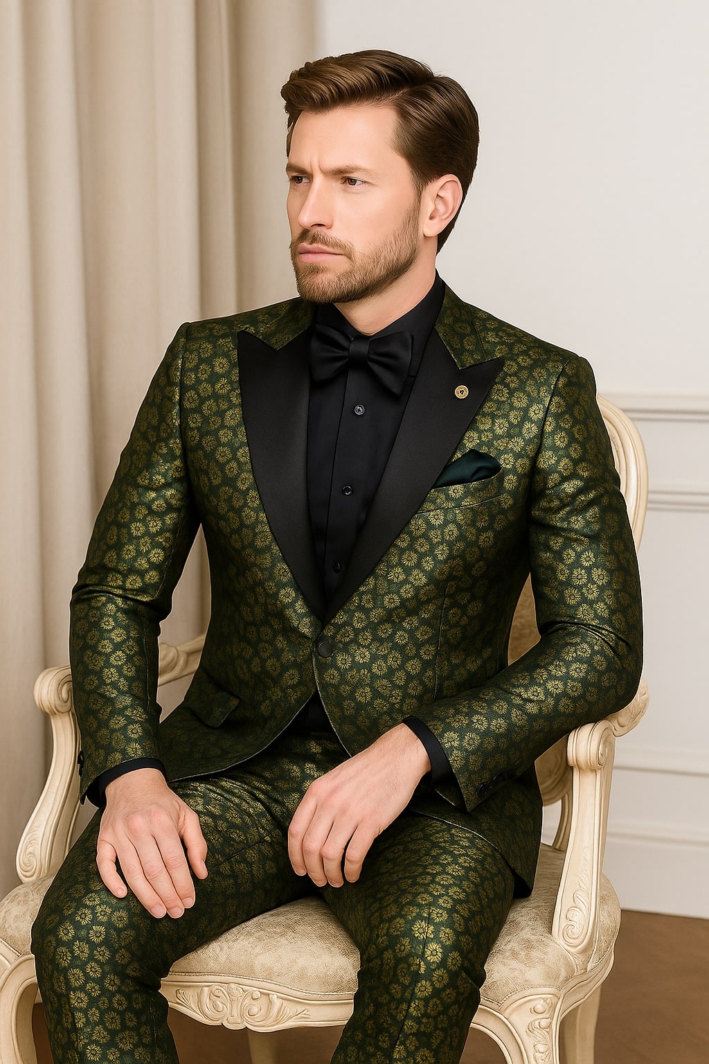Emerald Green and Gold Floral Tuxedo Suit for Men Perfect Prom or Wedding Suit