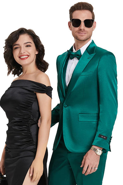 Emerald Green Prom Suit - Green homecoming suits - Men's One Button Vested Shiny Satin Sharkskin Prom and Wedding Emerald Green Party Suit Emerald Green Prom Dress Emerald Green Prom Suit