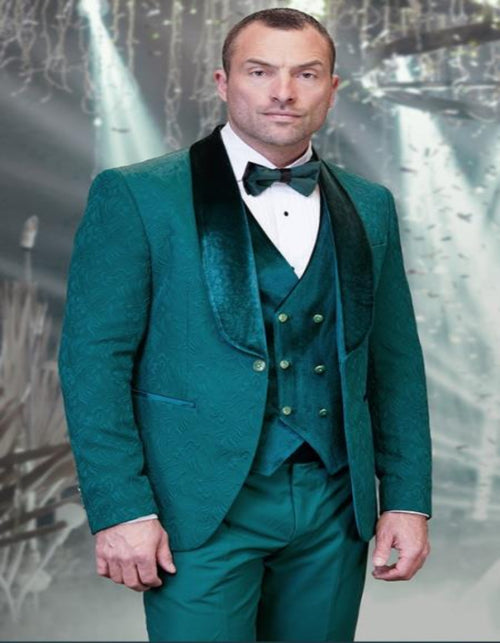SKU#JA61467 Emerald Green Tuxedo - Hunter Green Tuxedo Velvet Lapel, Velvet Vest with Button and Side Trim on the Pants