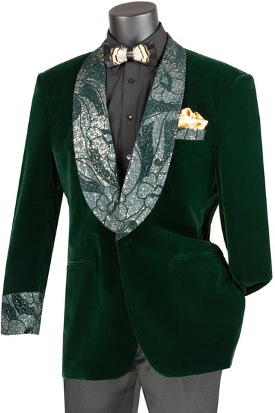 Emerald Green Prom Suit - Green homecoming suits - Mens Velvet Prom Emerald Hunter Green Smoking Jacket with fancy paisley glitter lapel and cuff Emerald Green Prom Dress Emerald Green Prom Suit