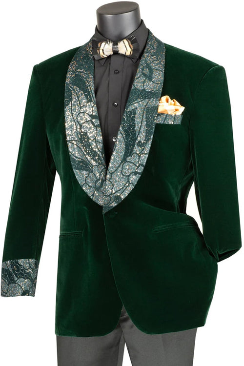 Emerald Green Prom Suit - Green homecoming suits - Mens Velvet Prom Emerald Hunter Green Smoking Jacket with fancy paisley glitter lapel and cuff Emerald Green Prom Dress