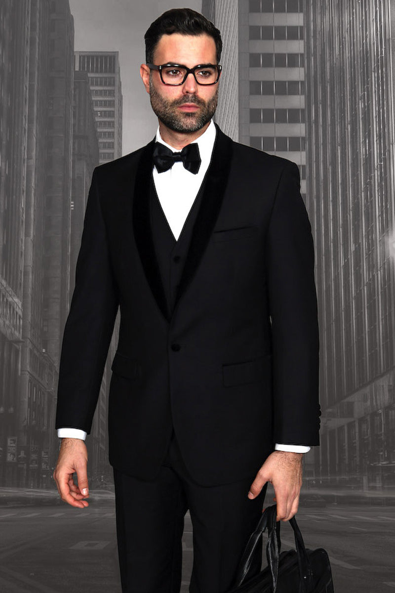 Men's Classic Black Vested Tuxedo with Velvet Lapel