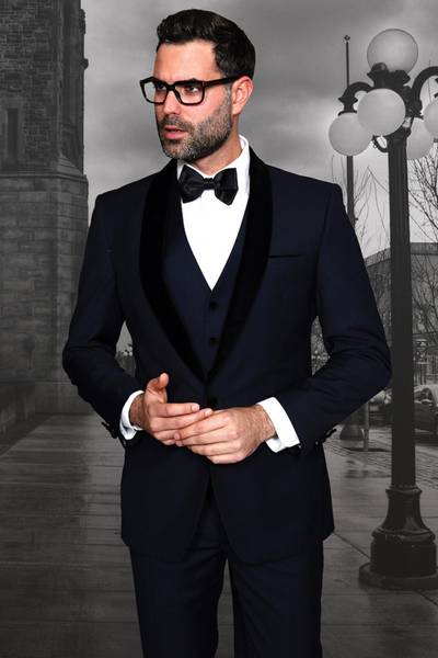 Men's Navy Vested Dinner Jacket with Velvet Lapel