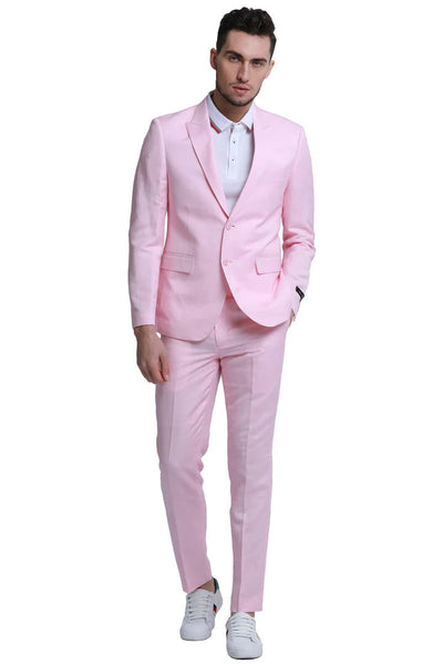 Mens Two Button Peak Lapel Summer Linen Style Beach Wedding Suit in Pink