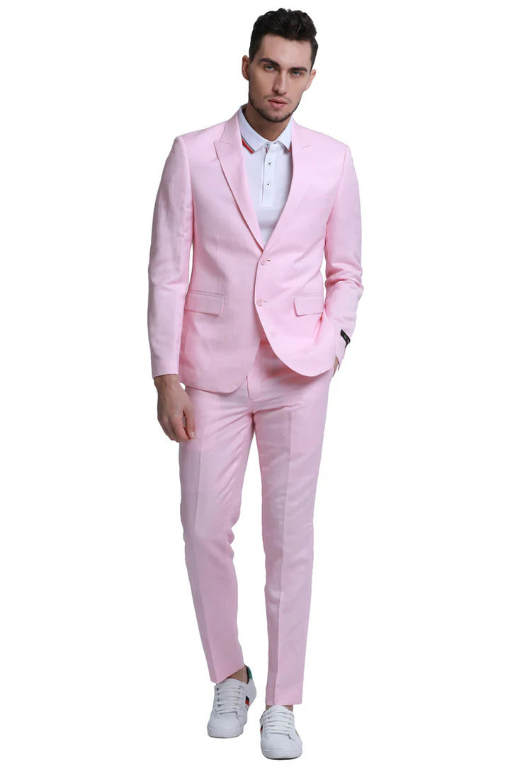 Mens Two Button Peak Lapel Summer Linen Style Beach Wedding Suit in Pink