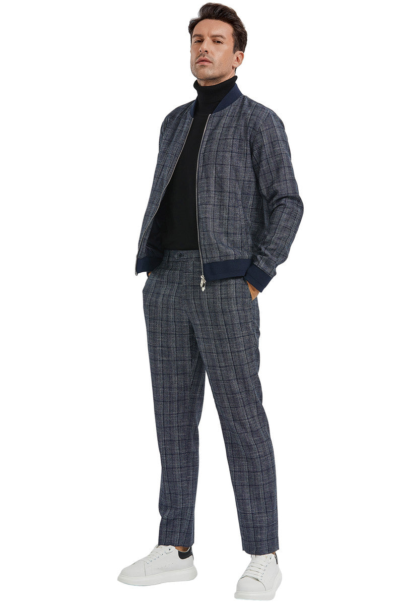 Men's Navy Plaid Track Suit Set in Slim Fit