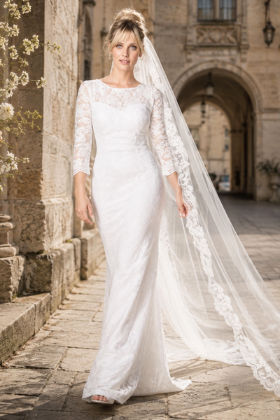 Eva USA 3397 Ruched 3/4 Sleeve White Wedding Dress
