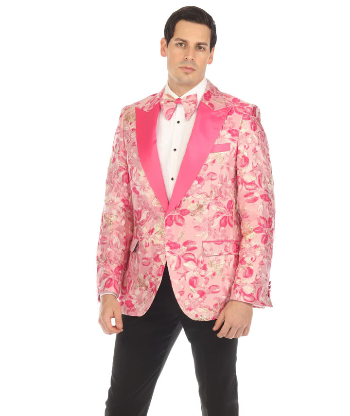 Men’s Drake Fuchsia Floral Tuxedo Blazer – Slim Fit Peak Lapel 1 Button Prom Dinner Jacket for Weddings & Formal Events – SuitUSA