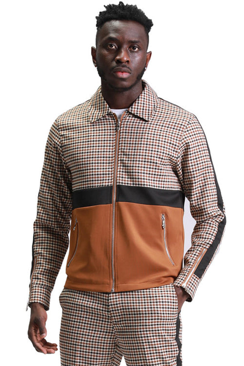 Men's Casual Coffee Houndstooth Suit Set