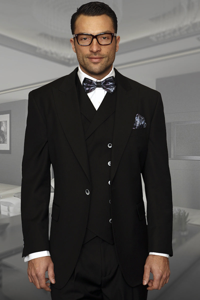 Men's Wool Vested Suit with Wide-Leg Trousers in Black