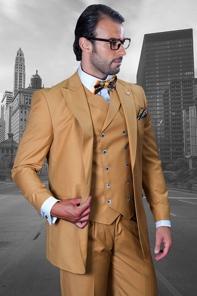 Men's Wool Vested Suit with Wide-Leg Trousers in Camel