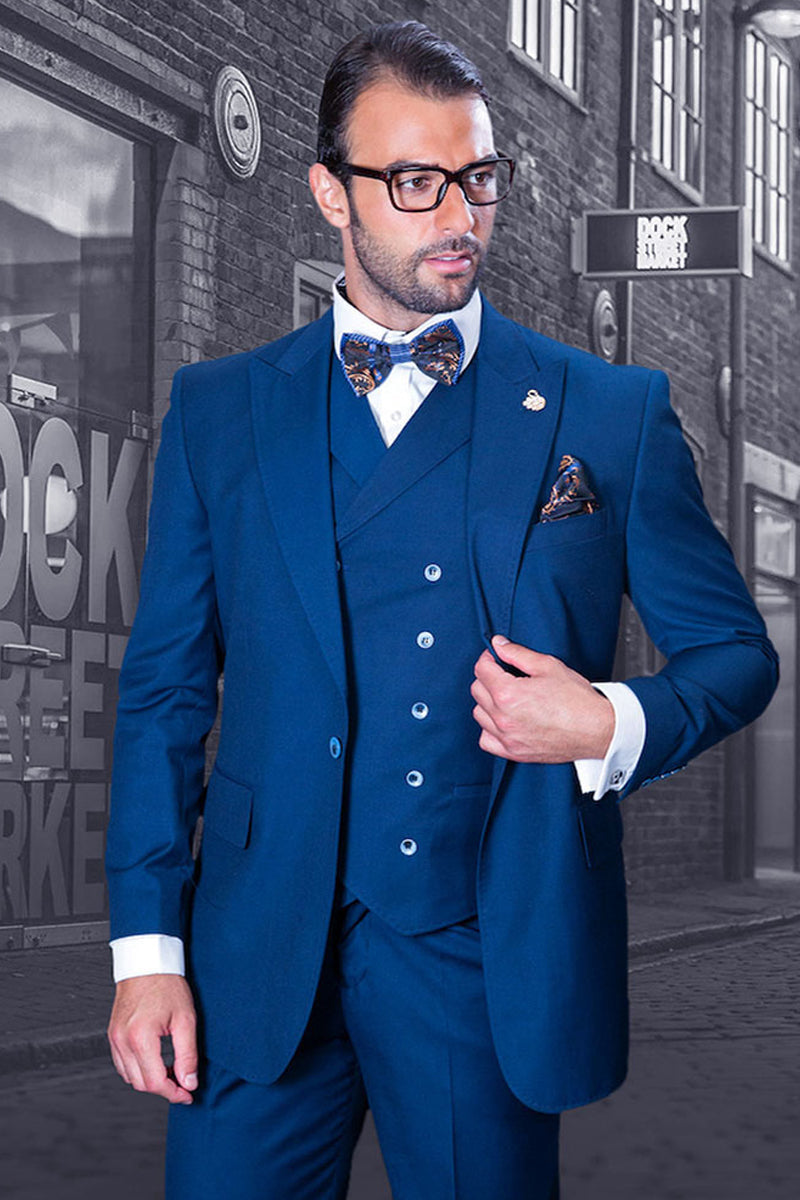 Men's Sapphire Blue Wool Suit with Wide Leg Pants
