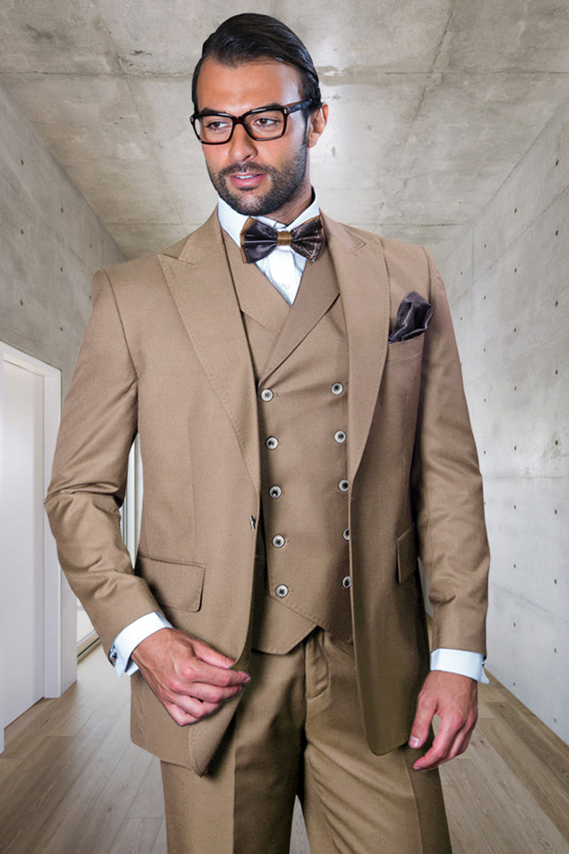 Men's Tan Wool Vested Suit with Wide Leg Trousers